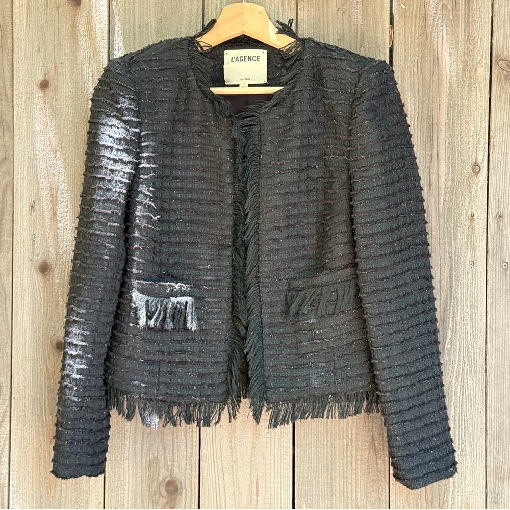 Black Tweed Textured Collarless Jacket